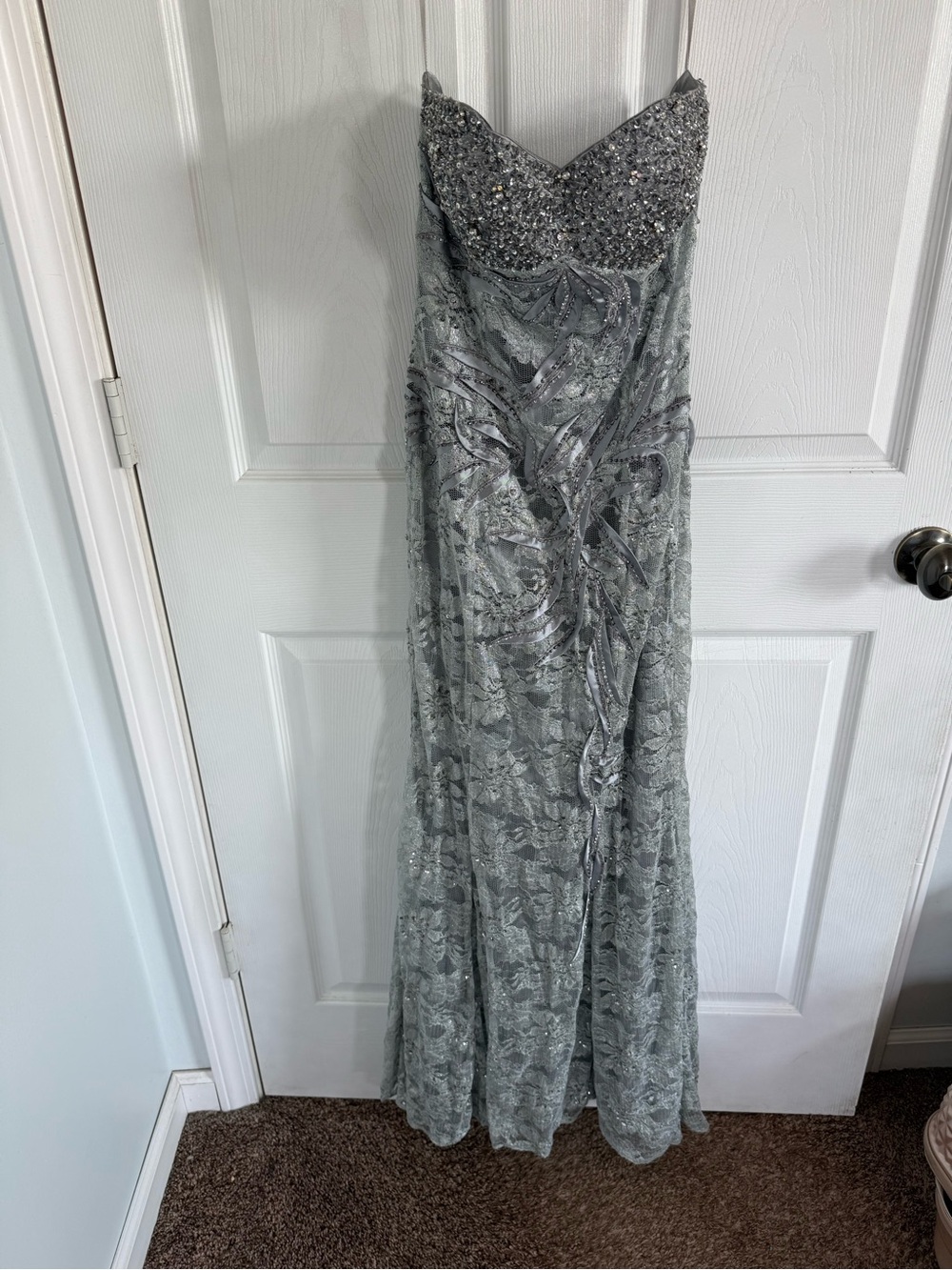 Aspeed Y2K Silver Beaded Lace Maxi Dress S Strapless Formal Prom Gala Gown